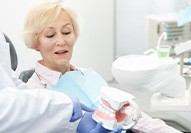 Dentist in Carmel reviewing denture cost factors with a patient