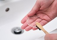 Patient cleaning clear aligner with toothbrush