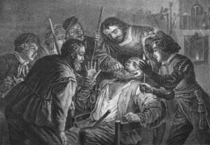 Medieval drawing of a dentist treating a patient